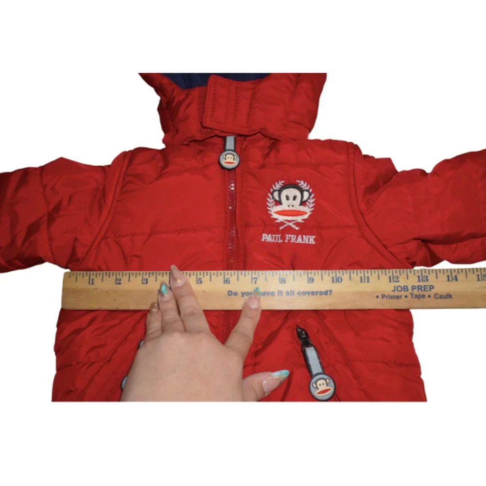 Paul Frank Baby Puffer Jacket 18M Red Hooded Winter Coat Fleece Lined Monkey Log